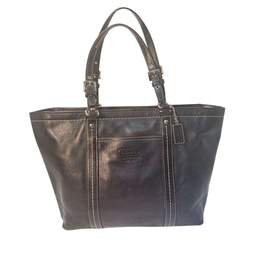 Coach Hampton Black Leather Tote Bag Contrast Stitching Adjustable Straps 10212‎